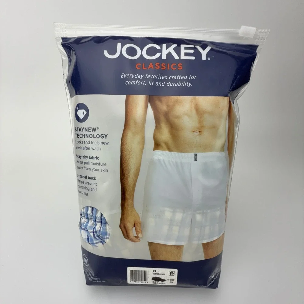 Jockey Classics 3 Pack Full-Cut Woven Boxers XL 40-42 Blue White Plaid‎ Stripe